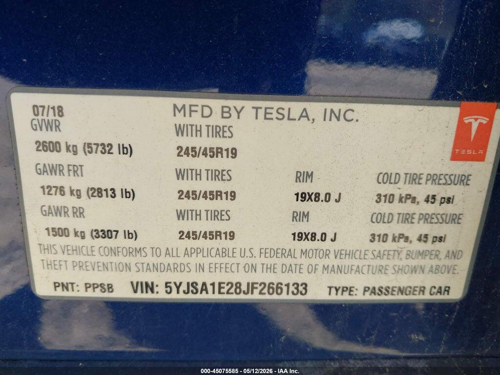5YJSA1E28JF266133 2018 TESLA MODEL S photo no. 9