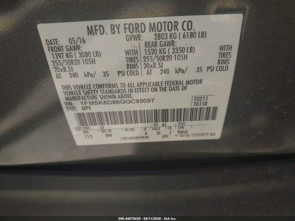 1FM5K8D86GGC95097 2016 FORD EXPLORER photo no. 9