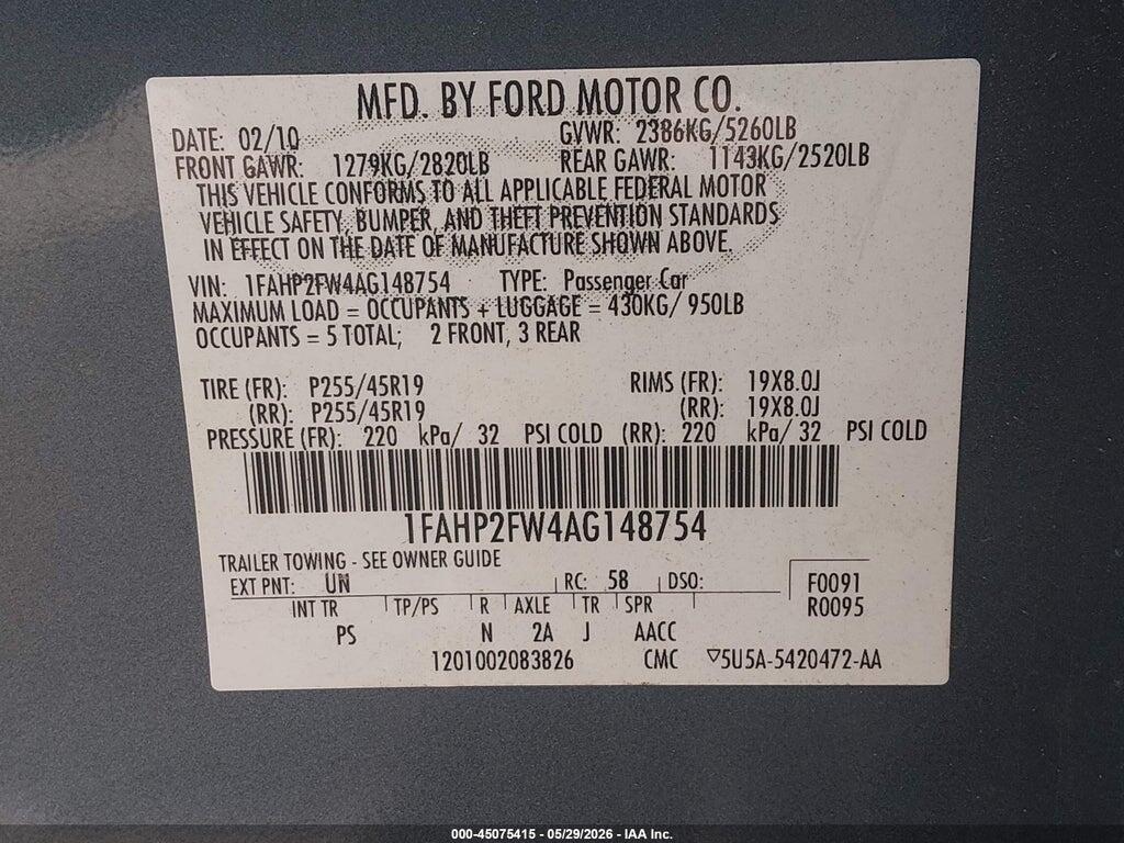 1FAHP2FW4AG148754 2010 FORD TAURUS photo no. 9