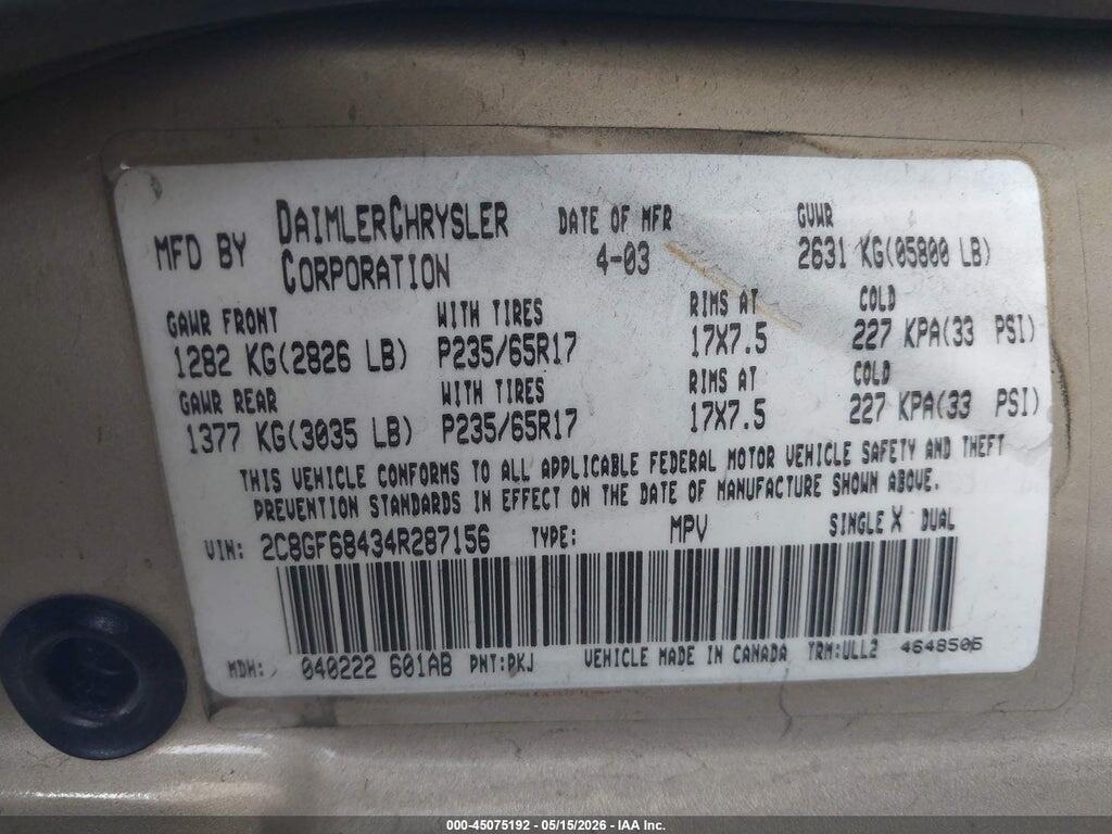 2C8GF68434R287156 2004 CHRYSLER PACIFICA photo no. 9