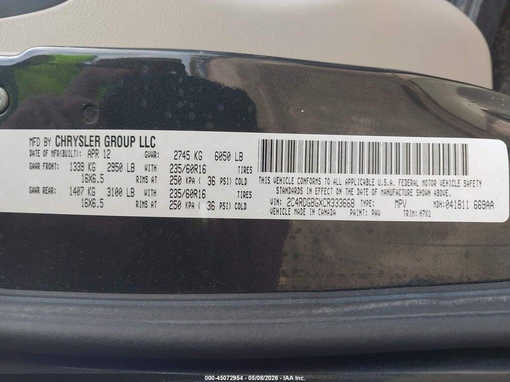 2C4RDGBGXCR333668 2012 DODGE GRAND CARAVAN photo no. 9