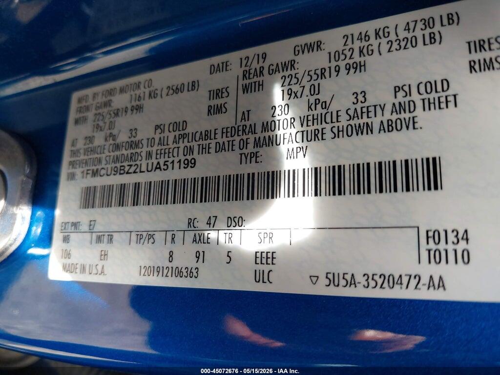 1FMCU9BZ2LUA51199 2020 FORD ESCAPE photo no. 9