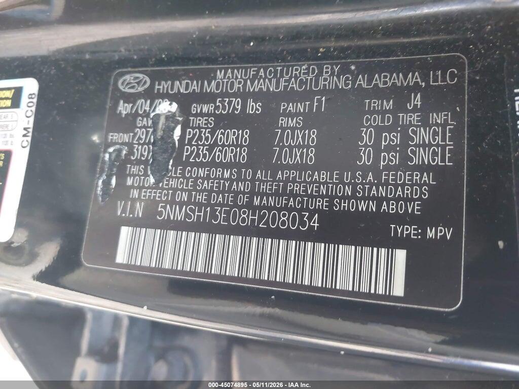 5NMSH13E08H208034 2008 HYUNDAI SANTA FE photo no. 9