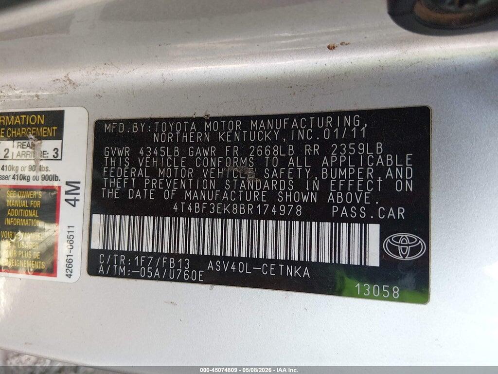 4T4BF3EK8BR174978 2011 TOYOTA CAMRY photo no. 9