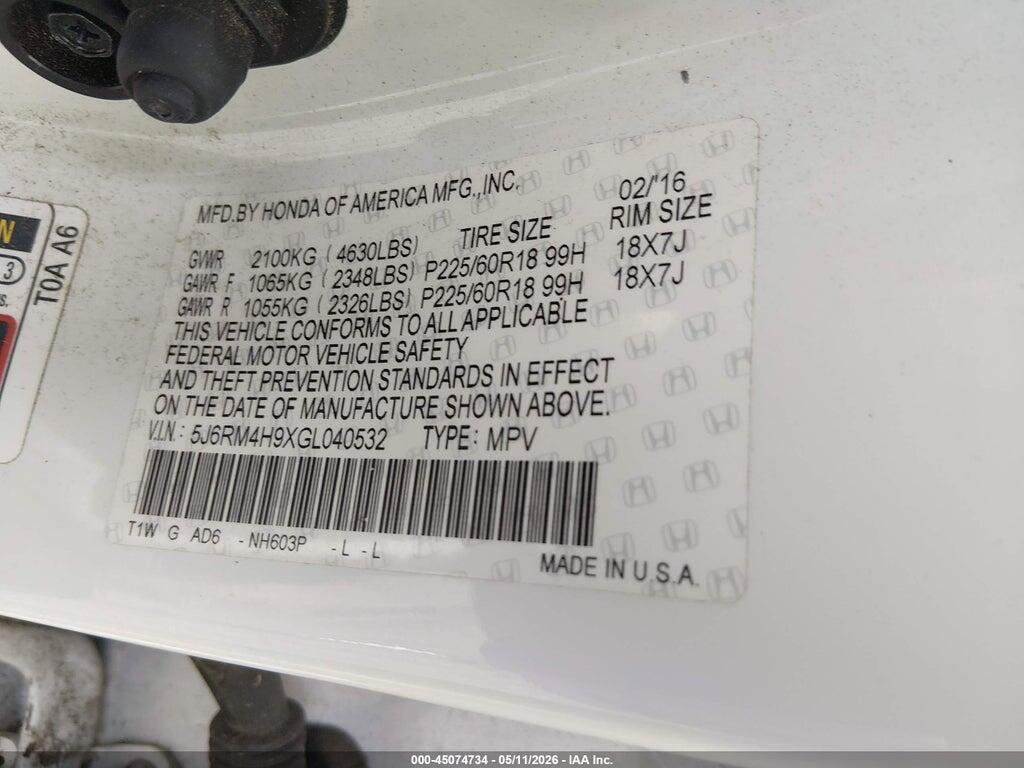 5J6RM4H9XGL040532 2016 HONDA CR-V photo no. 9