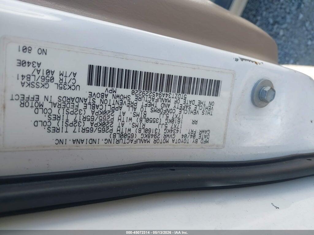 5TDZT34A94S229220 2004 TOYOTA SEQUOIA photo no. 9