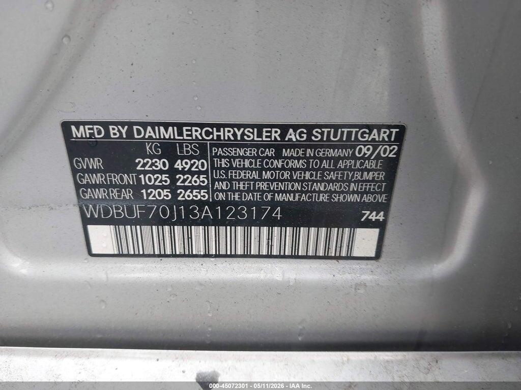 WDBUF70J13A123174 2003 MERCEDES-BENZ E 500 photo no. 9