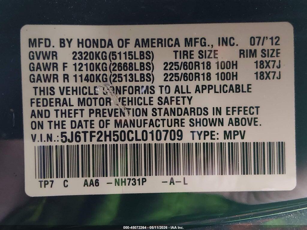 5J6TF2H50CL010709 2012 HONDA CROSSTOUR photo no. 9