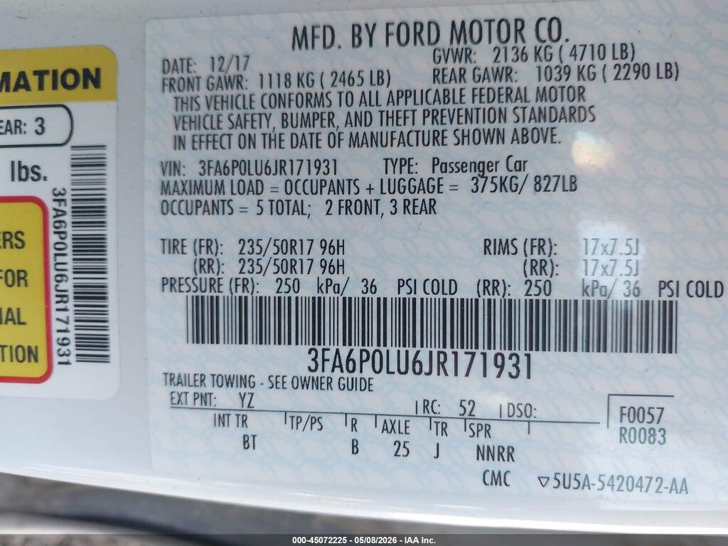 3FA6P0LU6JR171931 2018 FORD FUSION HYBRID photo no. 9