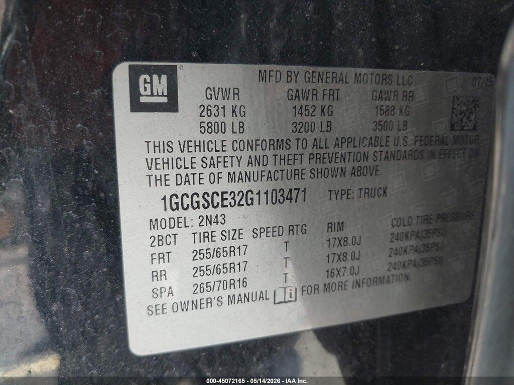 1GCGSCE32G1103471 2016 CHEVROLET COLORADO photo no. 9