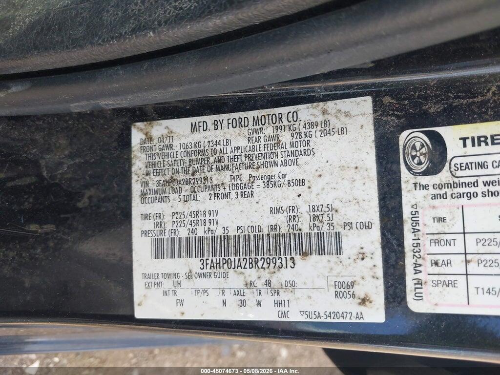 3FAHP0JA2BR299313 2011 FORD FUSION photo no. 9