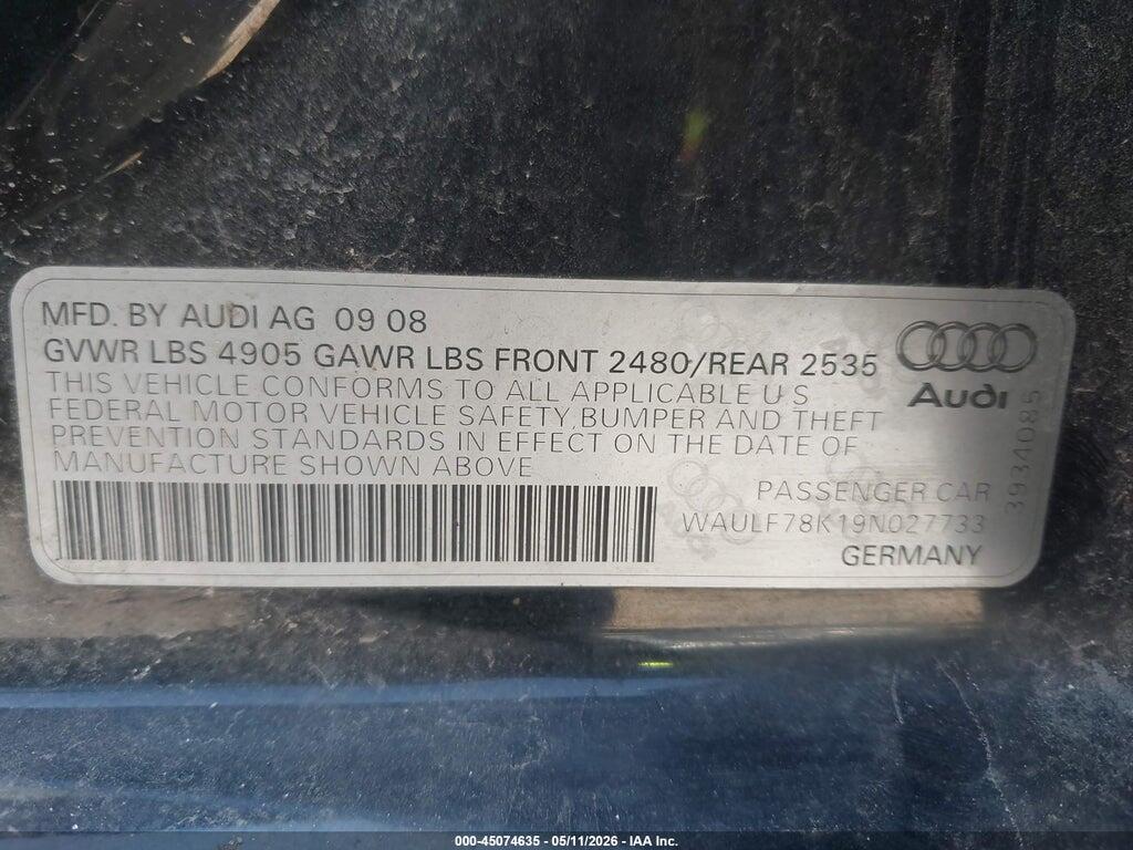 WAULF78K19N027733 2009 AUDI A4 photo no. 9