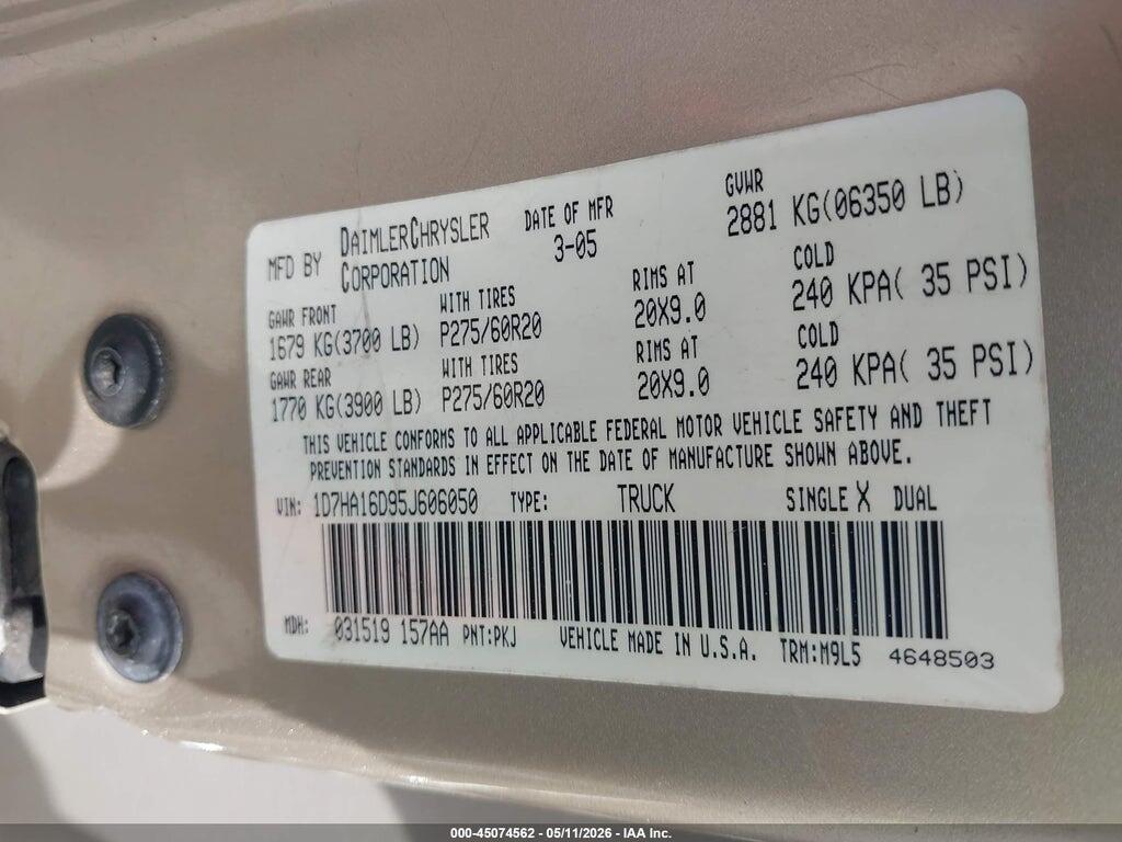 1D7HA16D95J606050 2005 DODGE RAM 1500 photo no. 9