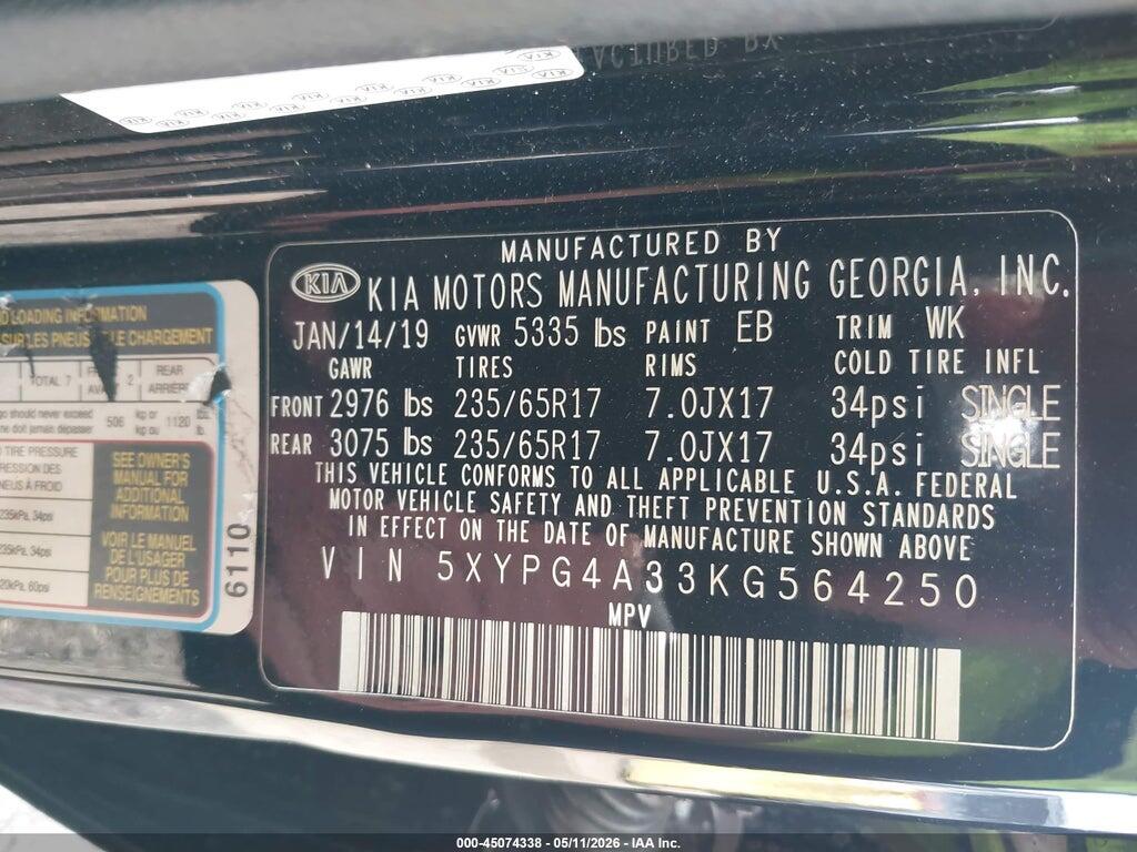 5XYPG4A33KG564250 2019 KIA SORENTO photo no. 9