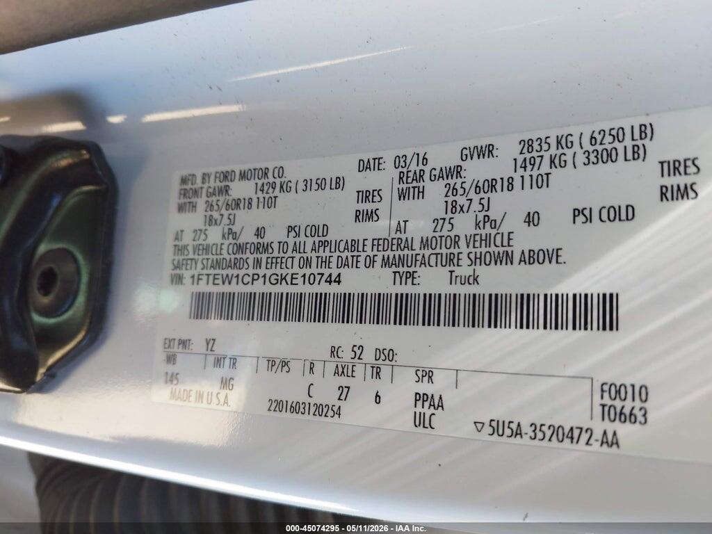 1FTEW1CP1GKE10744 2016 FORD F-150 photo no. 9