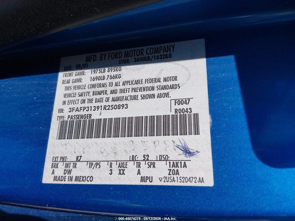 3FAFP31391R250893 2001 FORD FOCUS photo no. 9