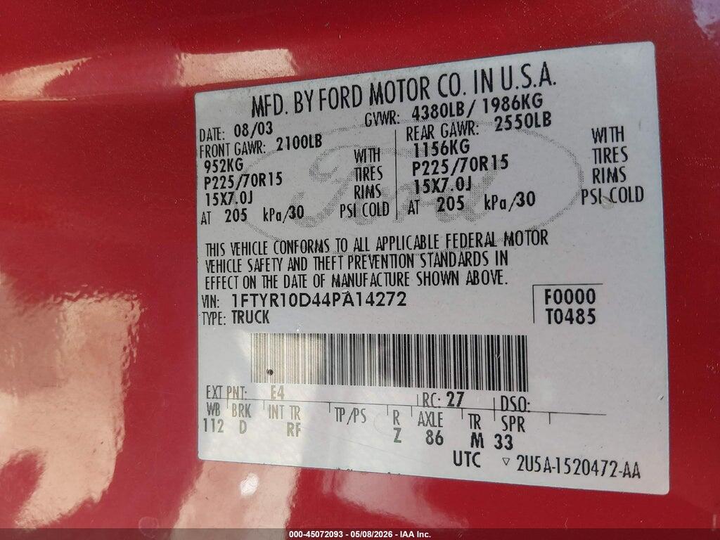 1FTYR10D44PA14272 2004 FORD RANGER photo no. 9