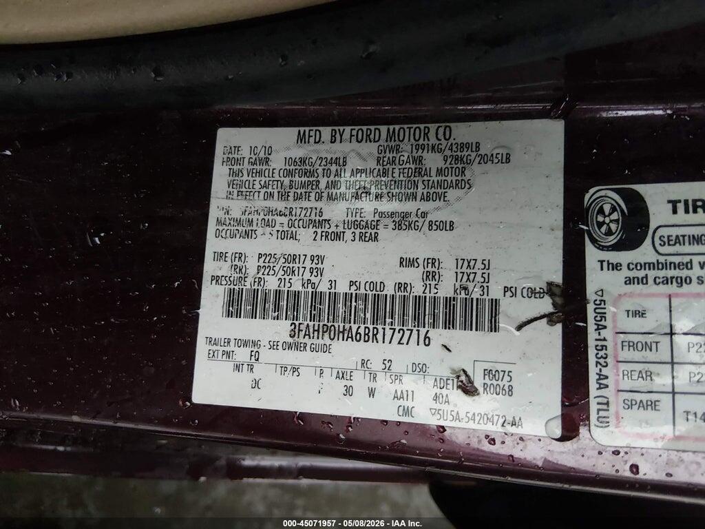 3FAHP0HA6BR172716 2011 FORD FUSION photo no. 9