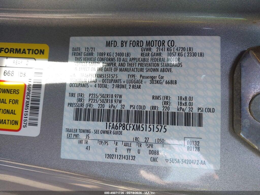 1FA6P8CFXM5151575 2021 FORD MUSTANG photo no. 9