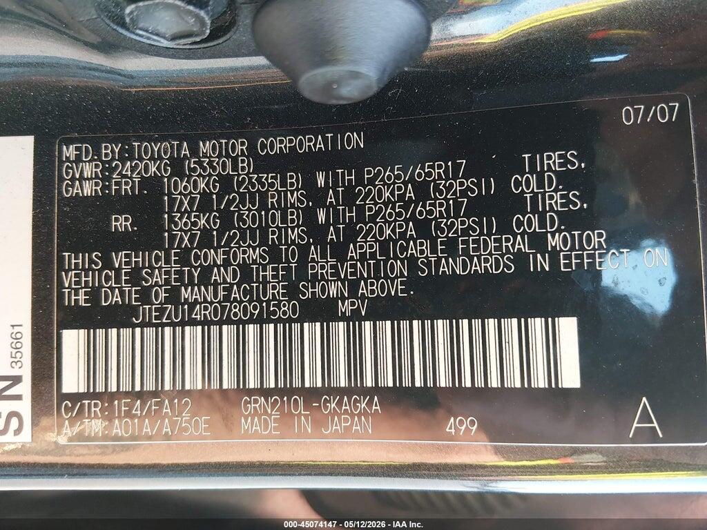 JTEZU14R078091580 2007 TOYOTA 4RUNNER photo no. 9