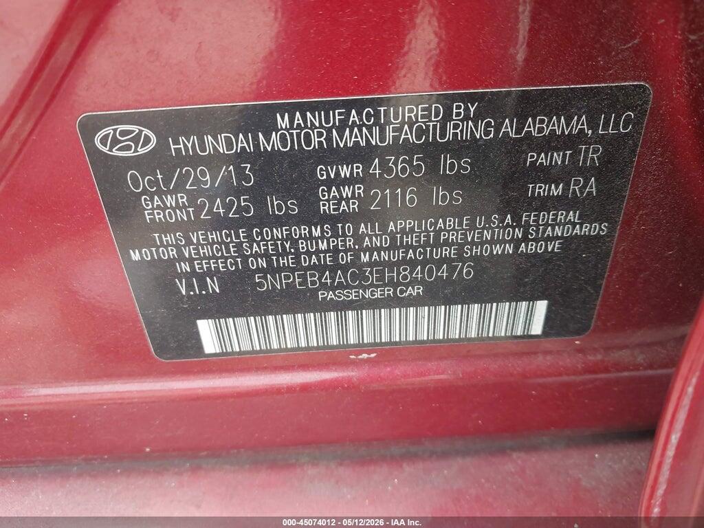 5NPEB4AC3EH840476 2014 HYUNDAI SONATA photo no. 9