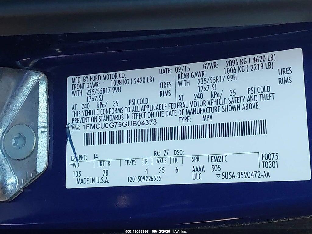 1FMCU0G75GUB04373 2016 FORD ESCAPE photo no. 9