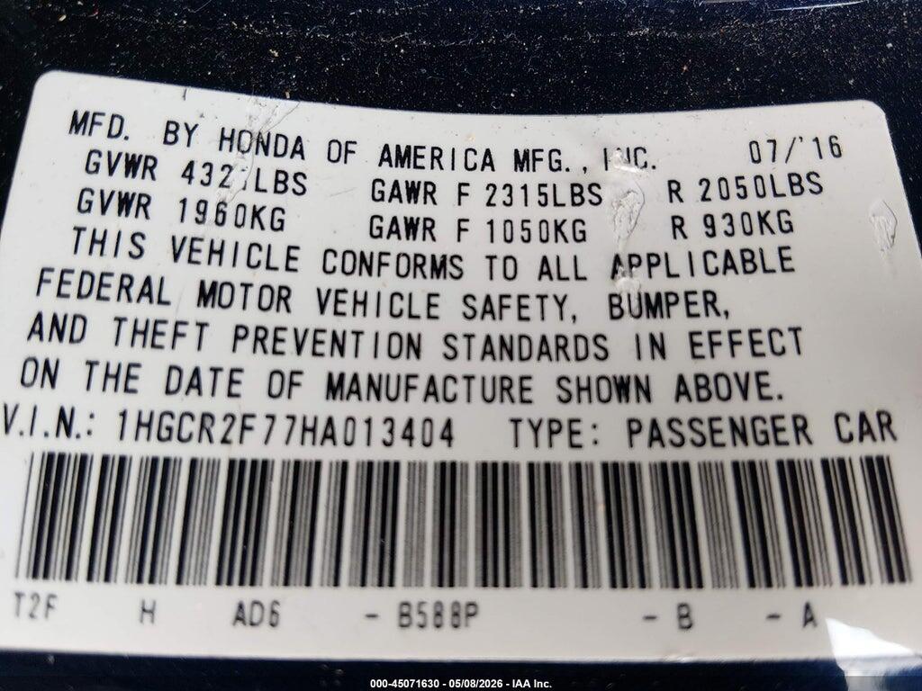 1HGCR2F77HA013404 2017 HONDA ACCORD photo no. 9
