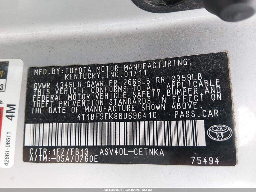 4T1BF3EK8BU696410 2011 TOYOTA CAMRY photo no. 9