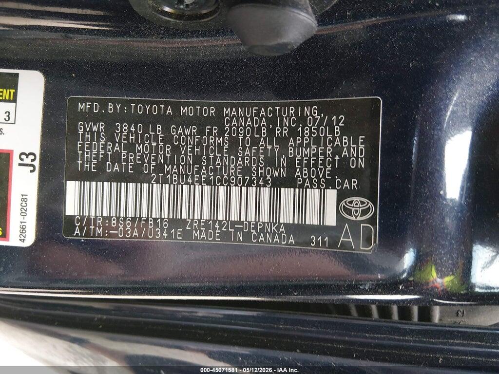 2T1BU4EE1CC907343 2012 TOYOTA COROLLA photo no. 9