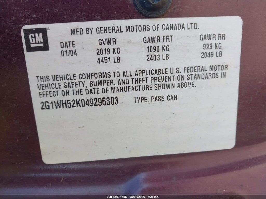 2G1WH52K049296303 2004 CHEVROLET IMPALA photo no. 9