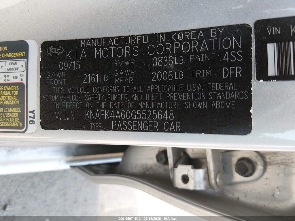 KNAFK4A60G5525648 2016 KIA FORTE photo no. 9