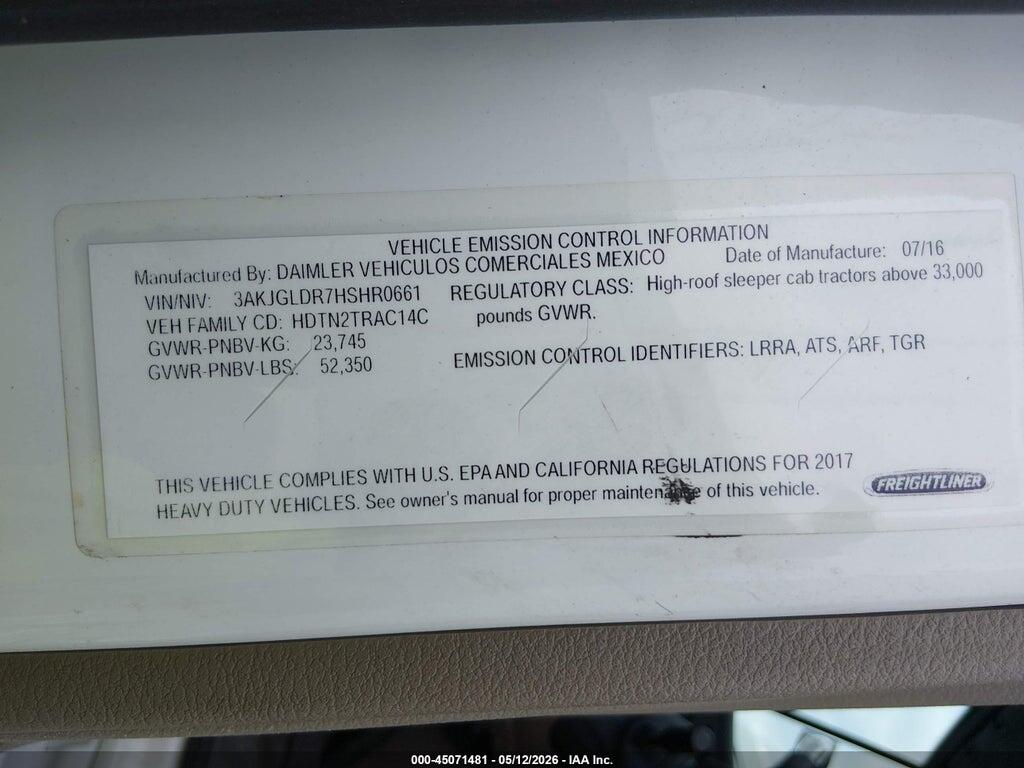 3AKJGLDR7HSHR0661 2017 FREIGHTLINER CASCADIA 125 photo no. 8