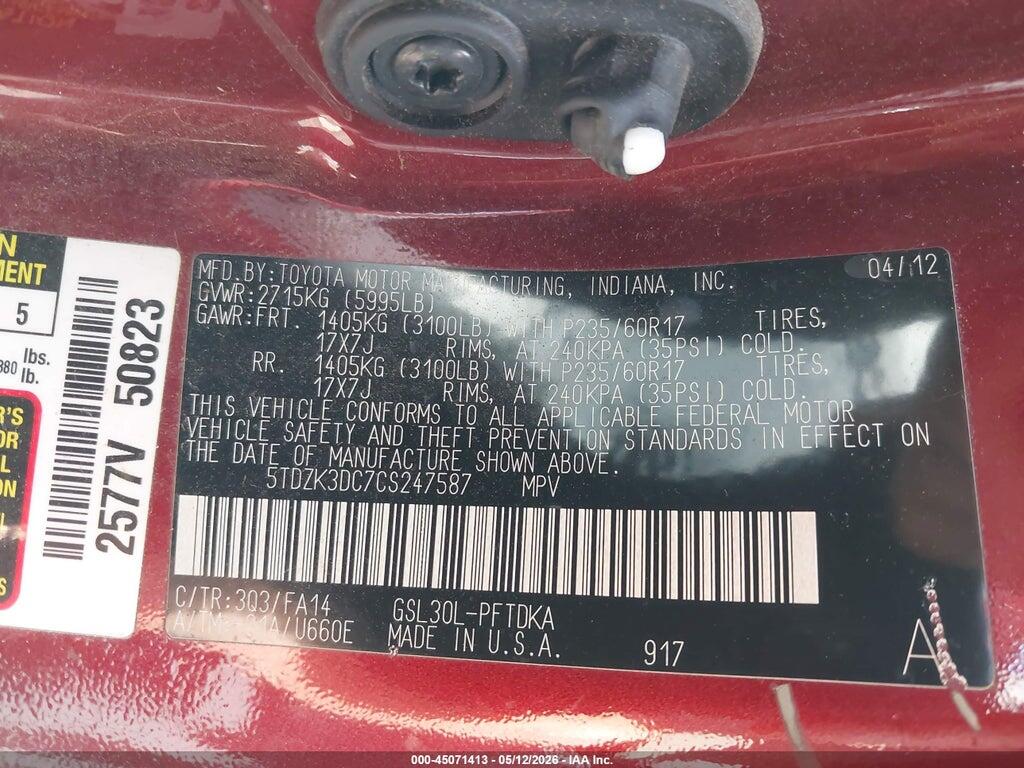 5TDZK3DC7CS247587 2012 TOYOTA SIENNA photo no. 9