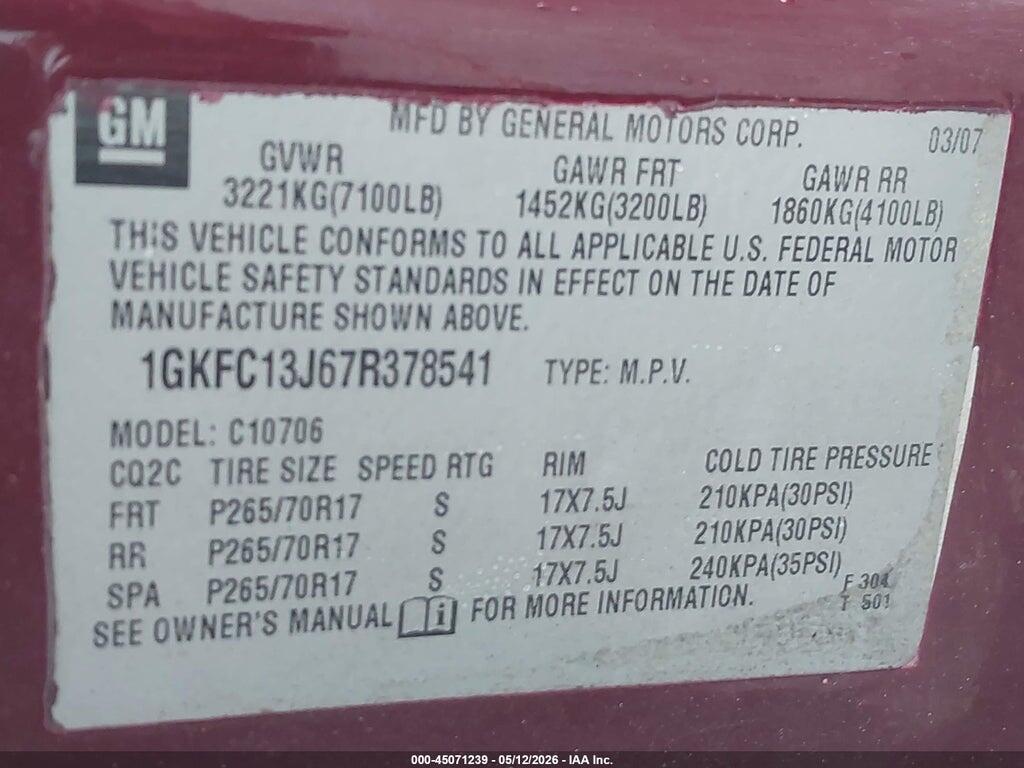 1GKFC13J67R378541 2007 GMC YUKON photo no. 9