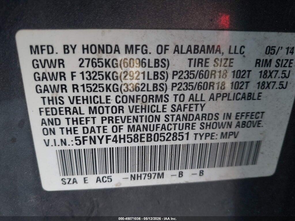 5FNYF4H58EB052851 2014 HONDA PILOT photo no. 9