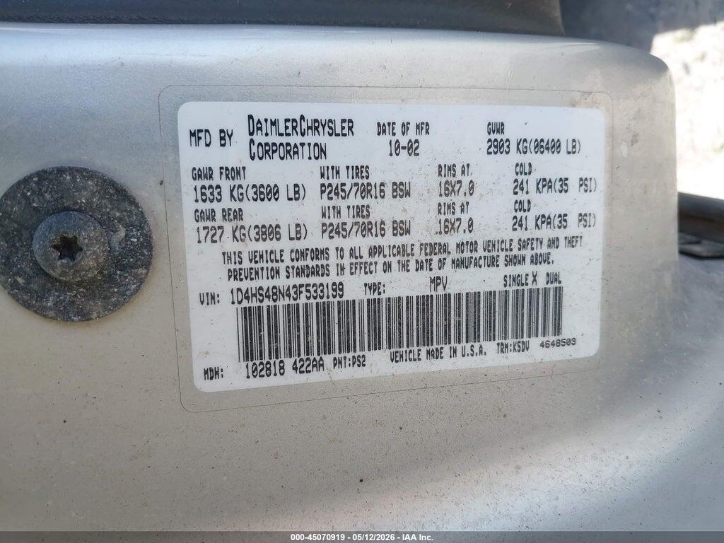 1D4HS48N43F533199 2003 DODGE DURANGO photo no. 9