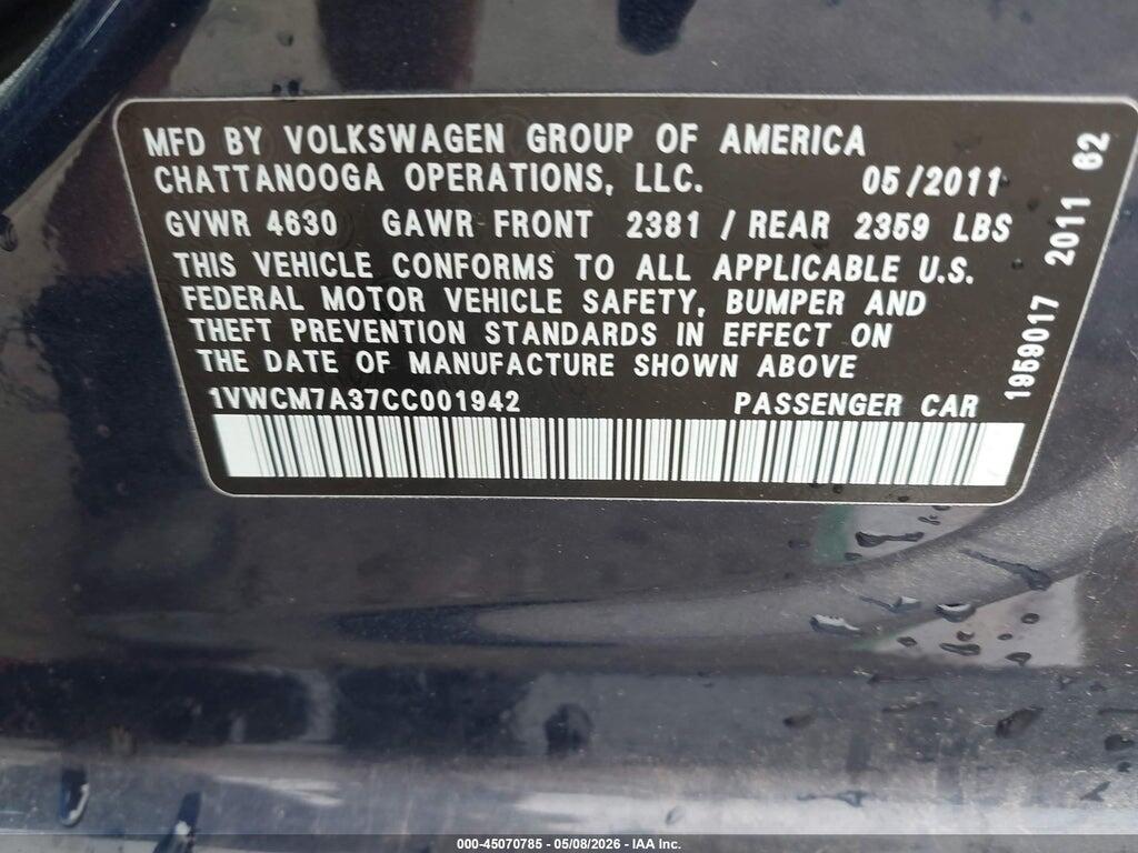 1VWCM7A37CC001942 2012 VOLKSWAGEN PASSAT photo no. 9