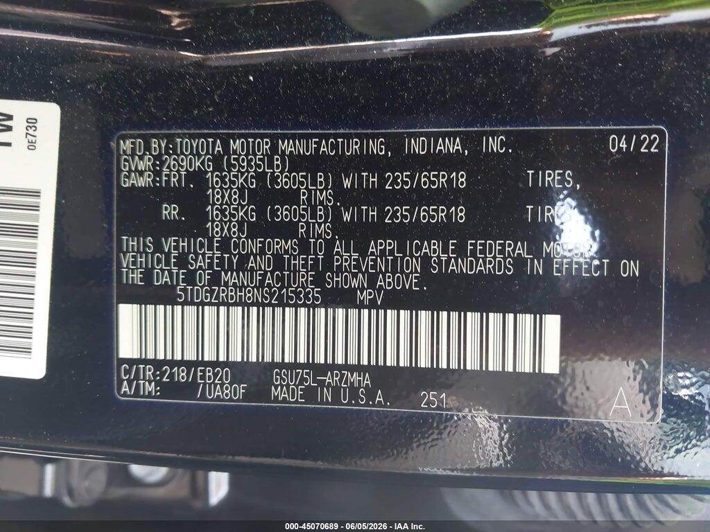 5TDGZRBH8NS215335 2022 TOYOTA HIGHLANDER photo no. 9