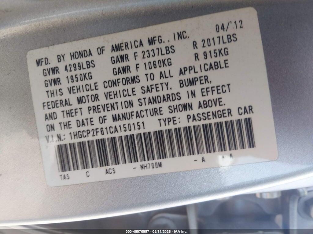 1HGCP2F61CA150151 2012 HONDA ACCORD photo no. 9