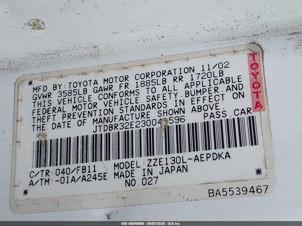 JTDBR32E230041596 2003 TOYOTA COROLLA photo no. 9