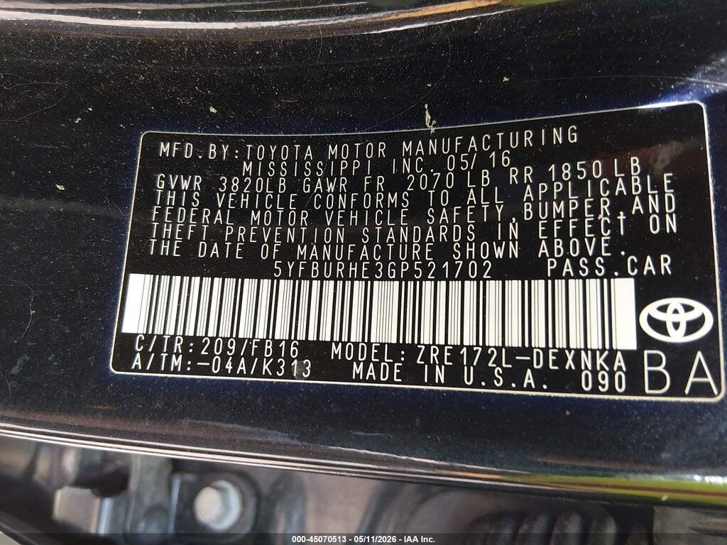 5YFBURHE3GP521702 2016 TOYOTA COROLLA photo no. 9