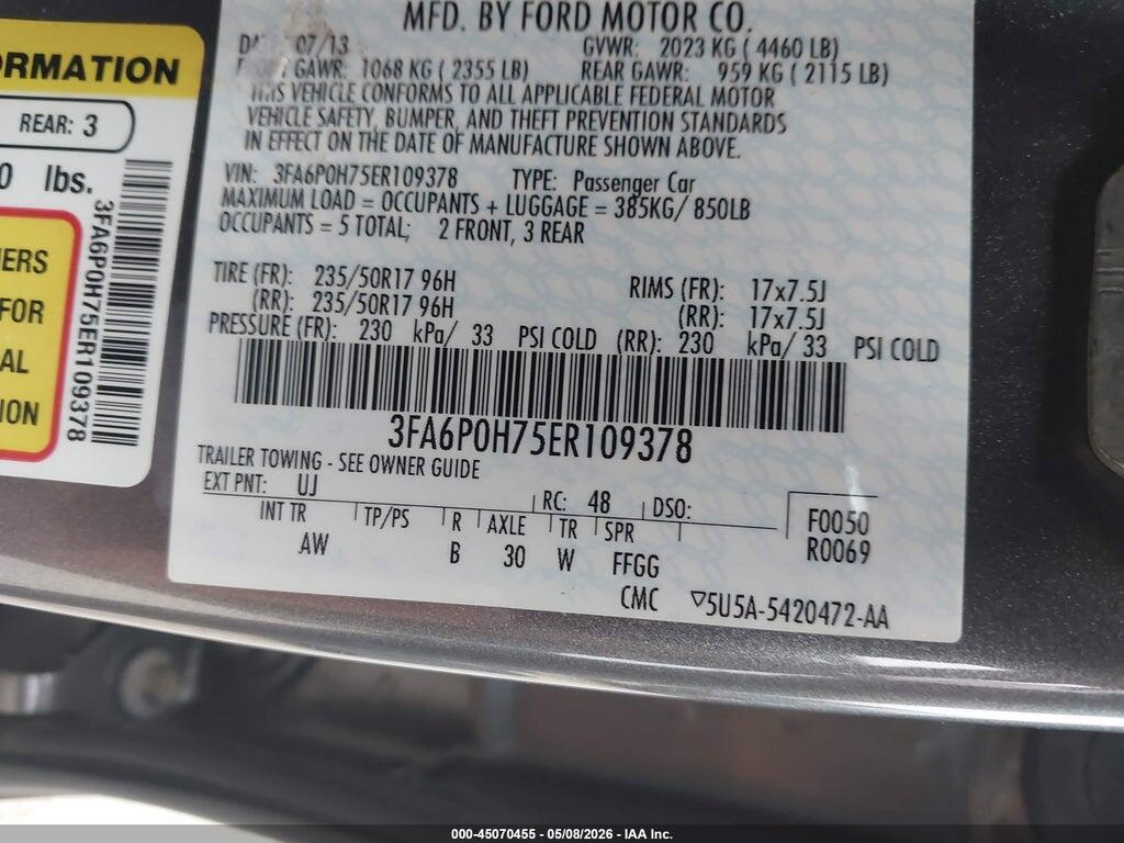3FA6P0H75ER109378 2014 FORD FUSION photo no. 9