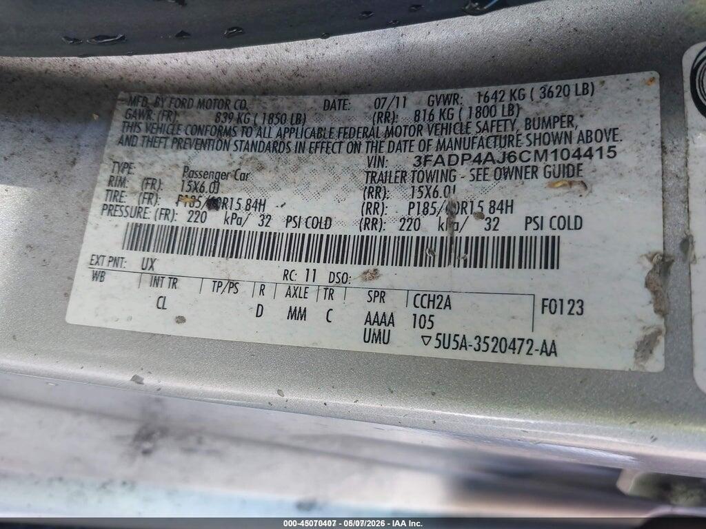 3FADP4AJ6CM104415 2012 FORD FIESTA photo no. 9