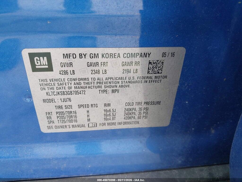 KL7CJKSB3GB705472 2016 CHEVROLET TRAX photo no. 9