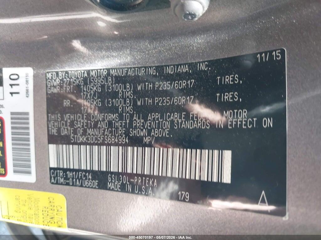 5TDKK3DC5FS684994 2015 TOYOTA SIENNA photo no. 9