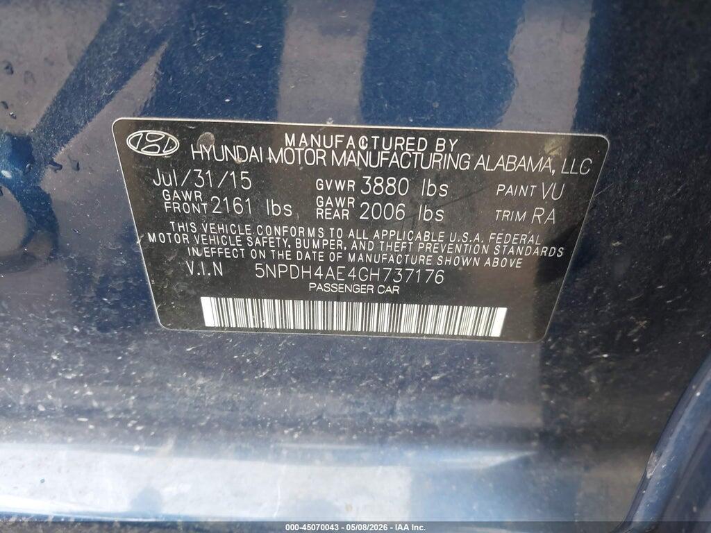 5NPDH4AE4GH737176 2016 HYUNDAI ELANTRA photo no. 9