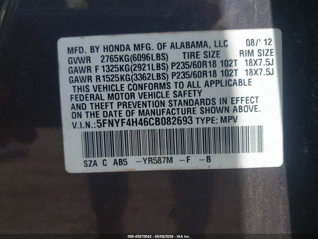 5FNYF4H46CB082693 2012 HONDA PILOT photo no. 9