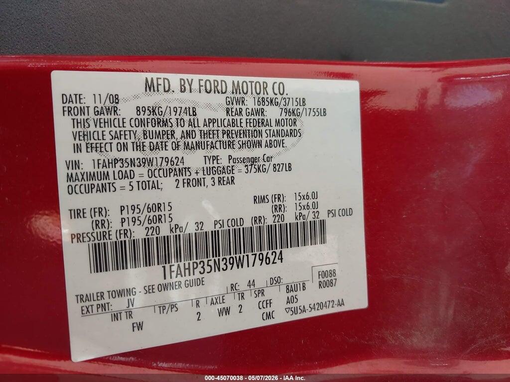 1FAHP35N39W179624 2009 FORD FOCUS photo no. 9