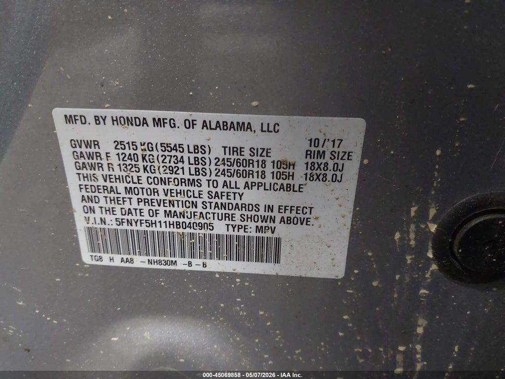 5FNYF5H11HB040905 2017 HONDA PILOT photo no. 9