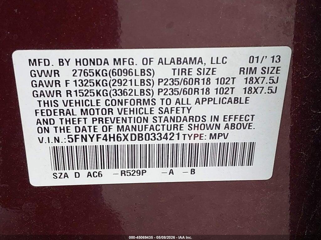5FNYF4H6XDB033421 2013 HONDA PILOT photo no. 9